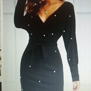 Black Neck Pearls Beaded Belted Pencil Dress